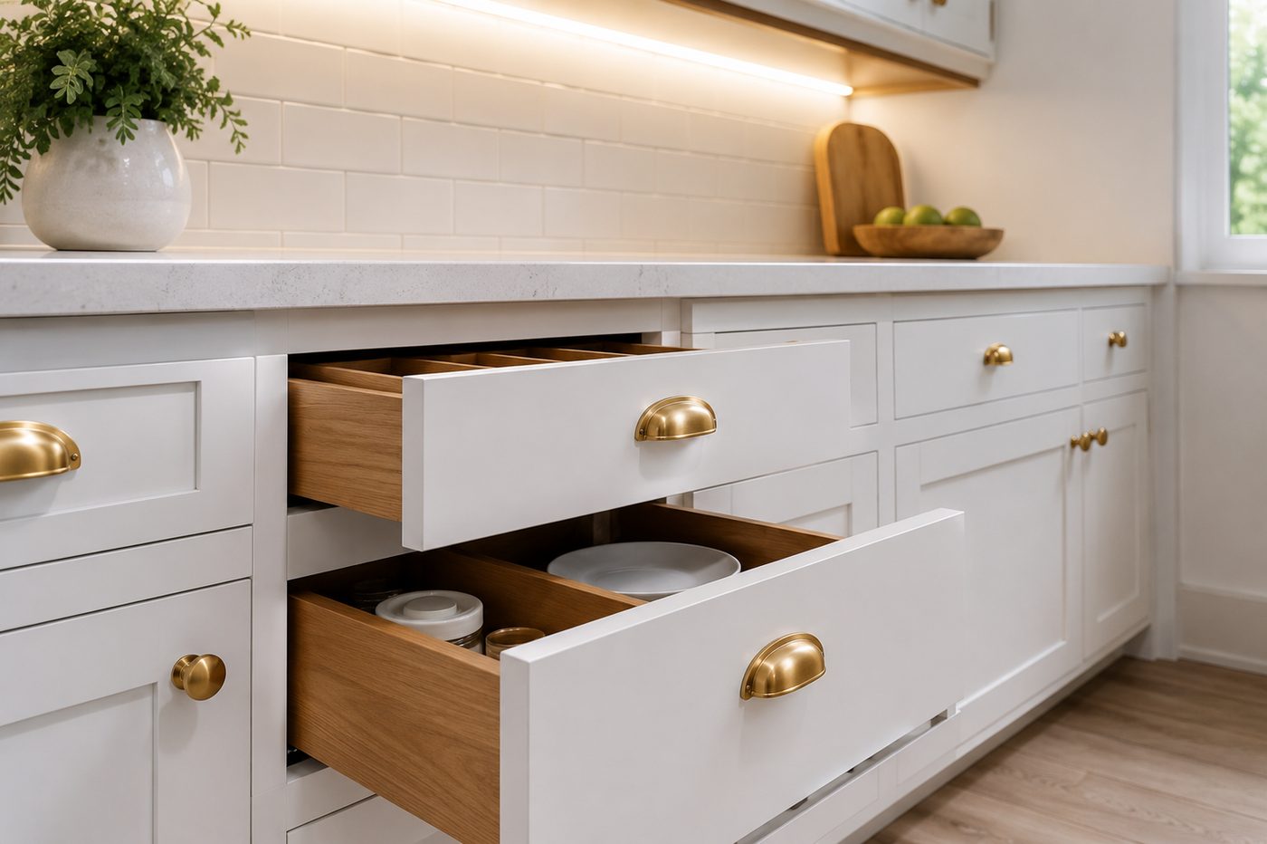 Kitchen cabinet refacing with new shaker doors and warm wood finish