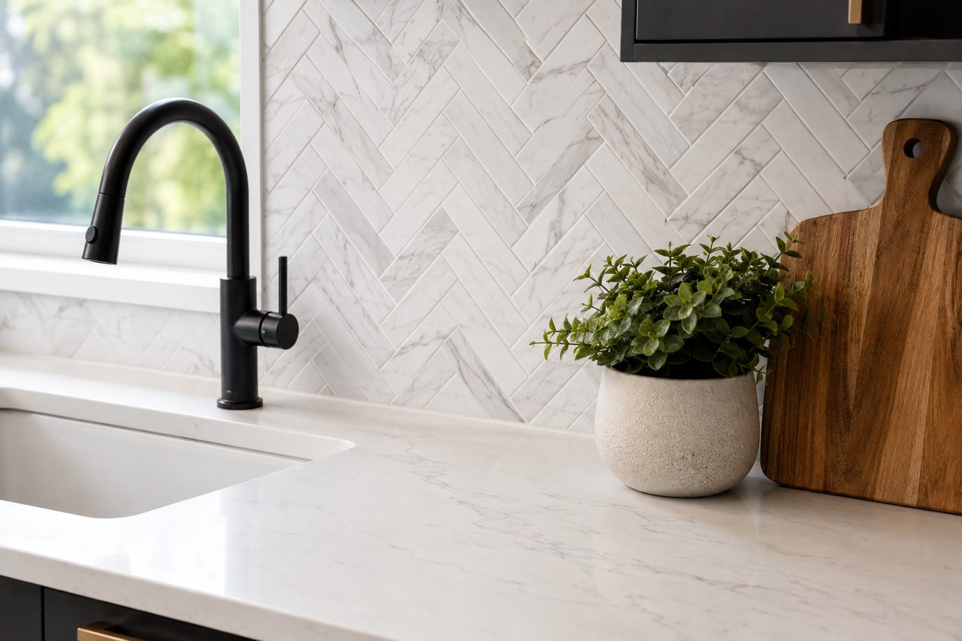 Quartz kitchen countertops with a tile backsplash in a Herriman kitchen