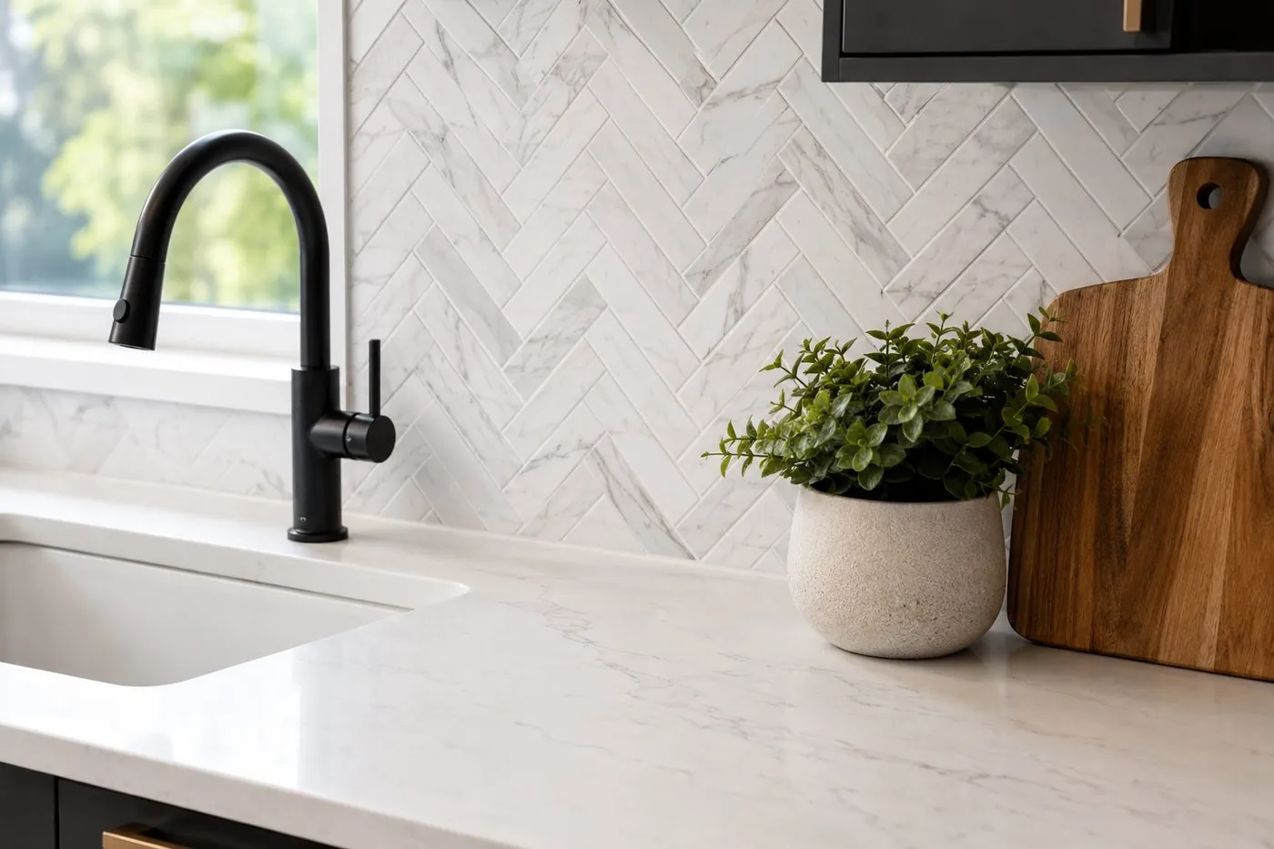 Quartz kitchen countertops with a tile backsplash