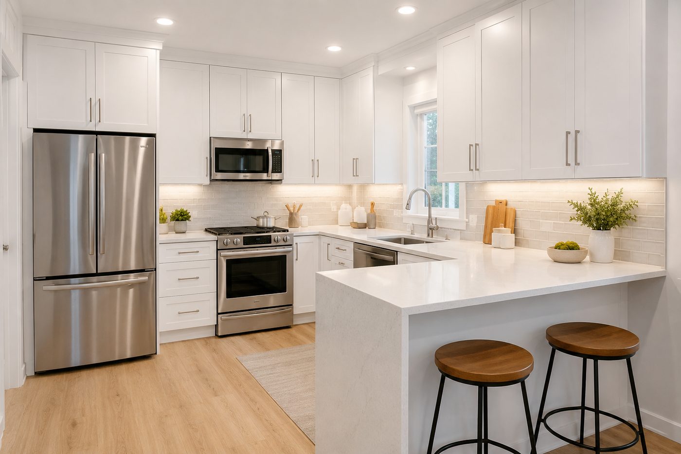 Small kitchen remodel with white cabinets and a compact peninsula in Herriman