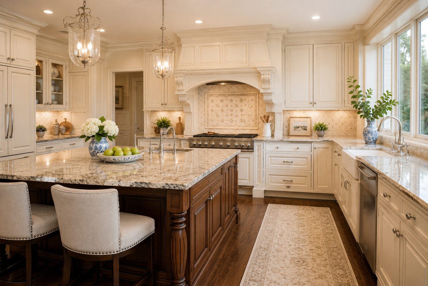 Kitchen with new custom cabinets and stone countertops